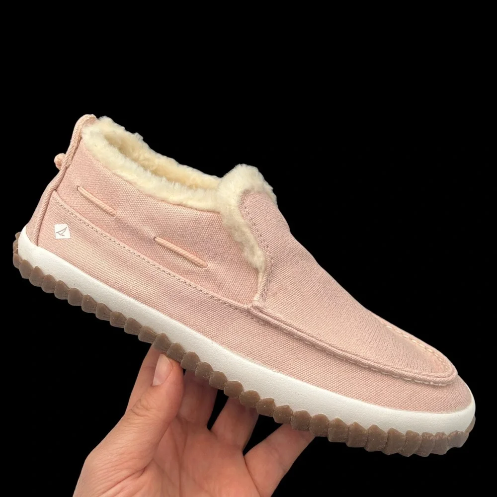 Sperry Youth Girls Moc-Sider Faux Fur Lined Winter Shoes Size 4 Blush Pink White